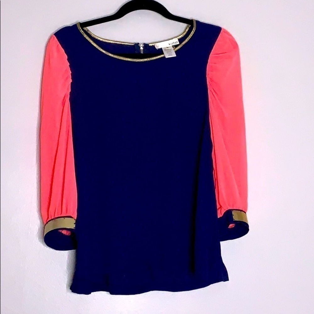 Katia Sheer Puff Sleeve metal edgy cuff blouse pink navy